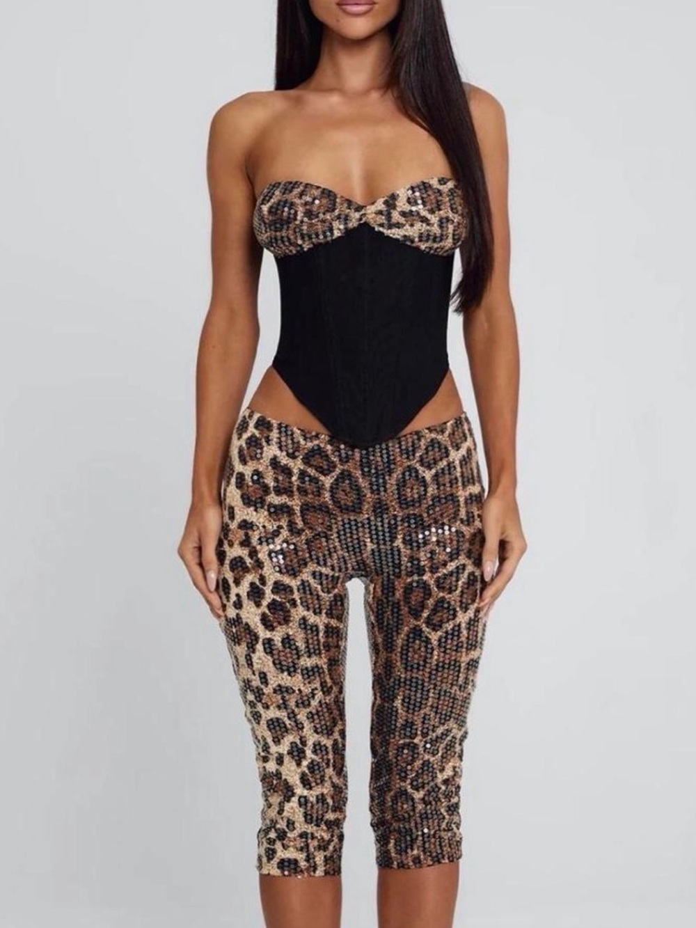 Strapless Black Corset Top with Leopard Print Sequin Capris